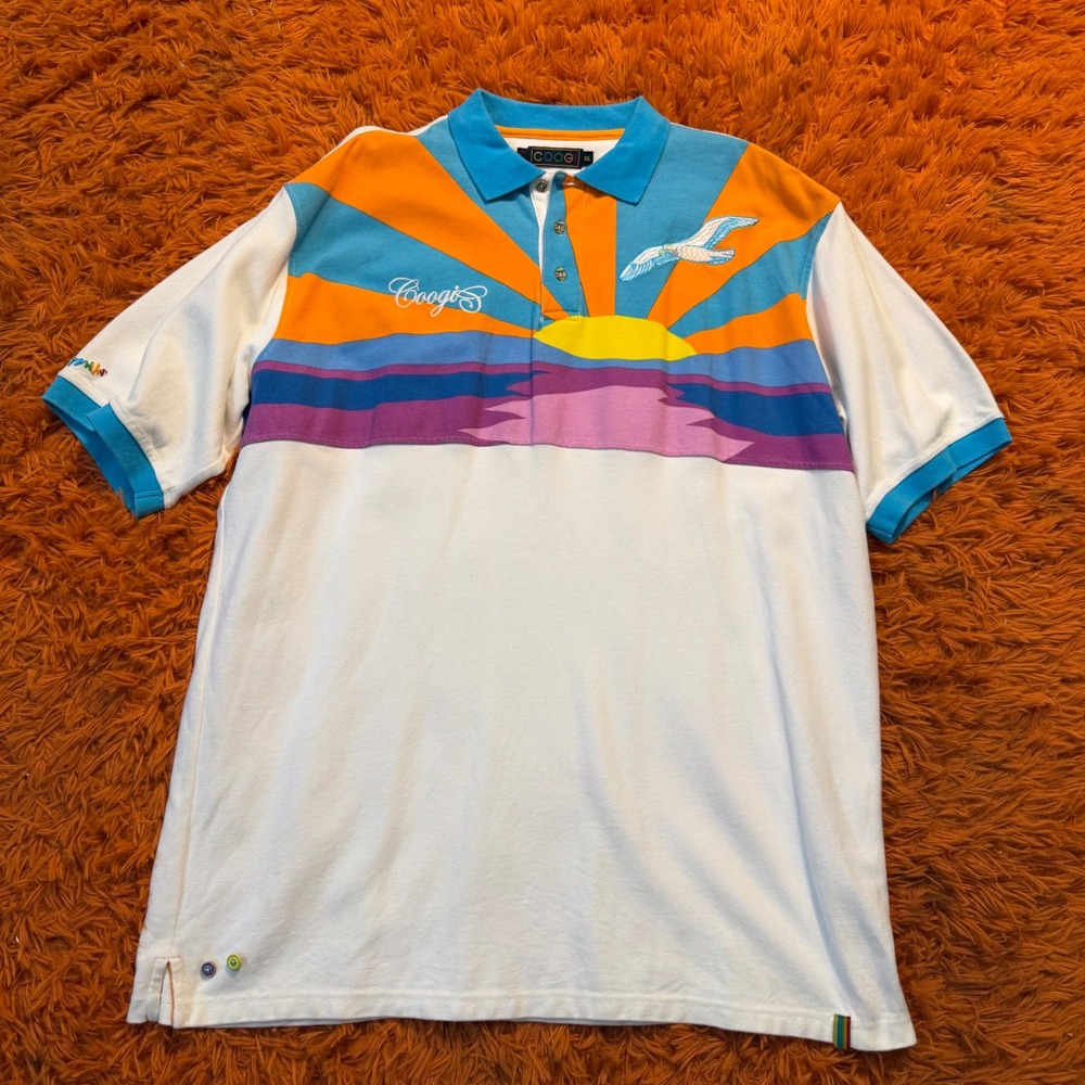 Coogi Mens XXL White Sunset Graphic Polo Shirt Short Sleeve Embroidered Seagull